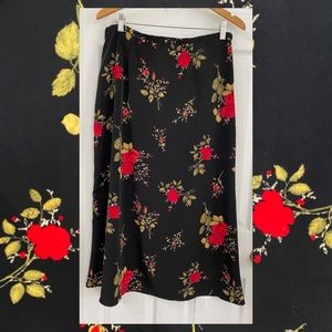 Red Rose on Black Patterned Silk Skirt